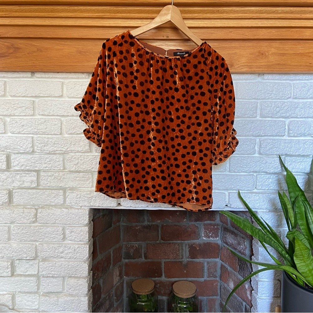 Madewell Velvet Memento Ruffle-Sleeve Top in Leopard Dot